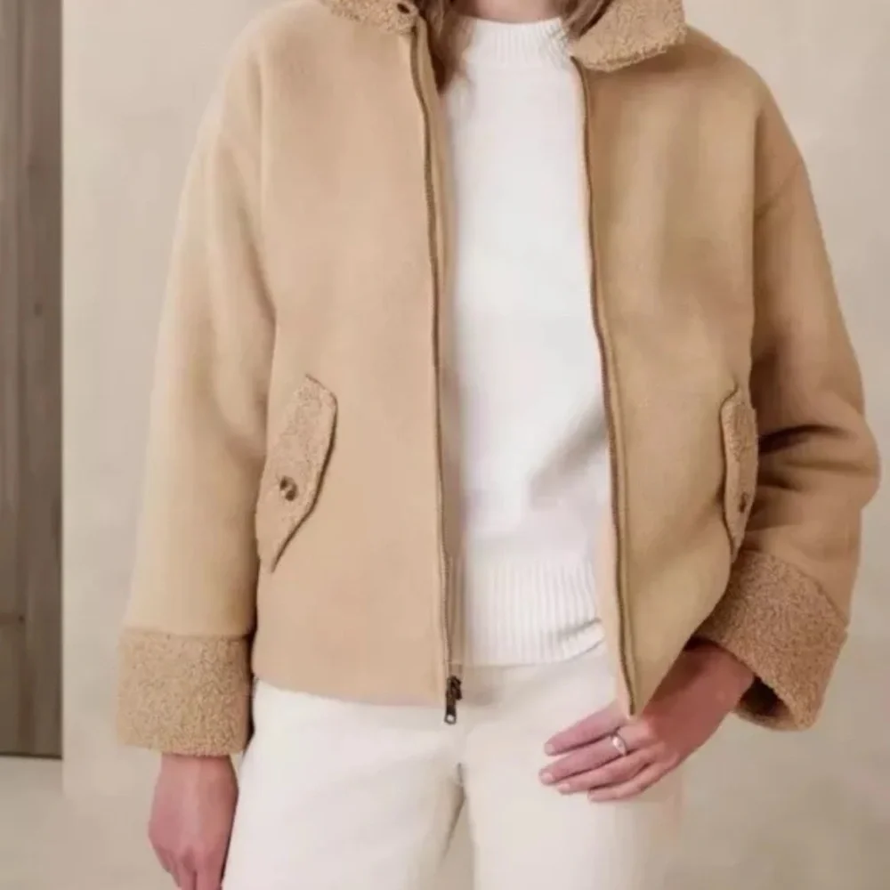 Banana Republic Women's SHERPA BOMBER JACKET Sz L Oversized Snap Pockets… - Picture 1 of 17